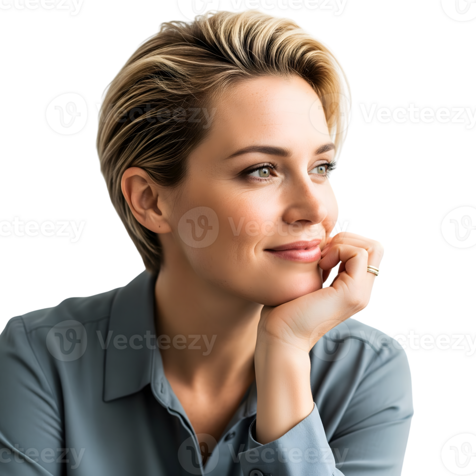 A happy blonde woman with short hair rests her chin on her hand and looks away isolated on transparent background png