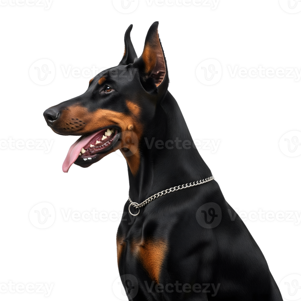 A handsome doberman pinscher with cropped ears is isolated on transparent background png