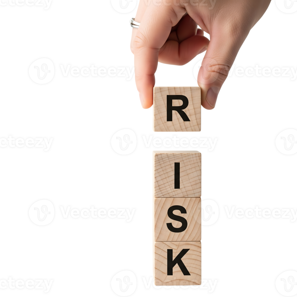 A hand places a wooden block with the letter r on top of blocks spelling risk isolated on transparent background png
