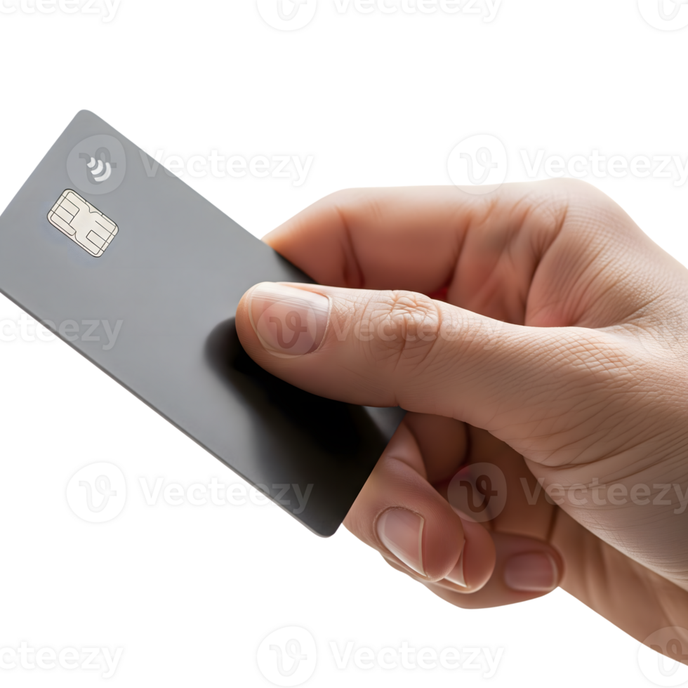 A hand holds a gray credit card with a contactless payment symbol, isolated on transparent background, ready for use in digital designs png