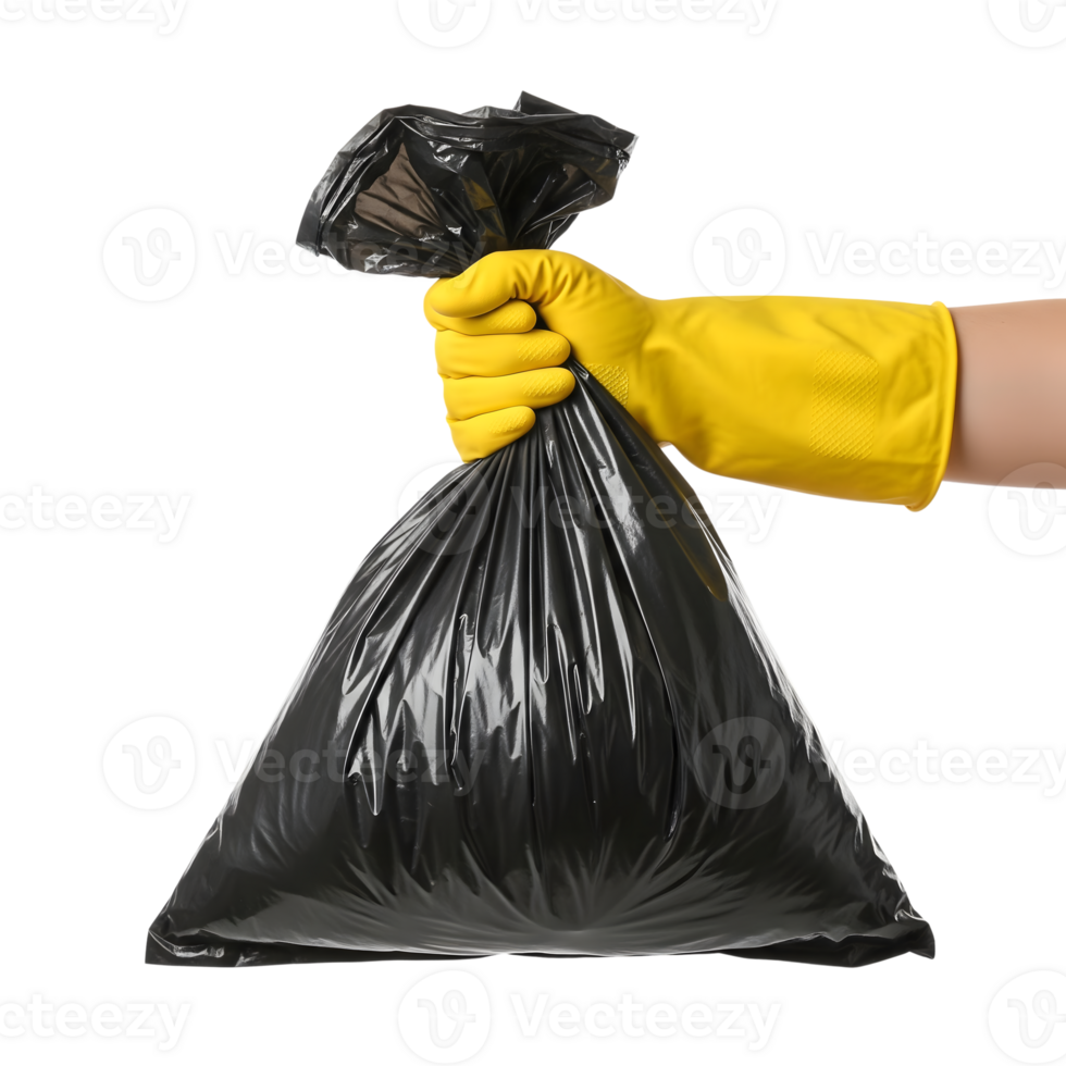 A hand in a yellow glove tightly holds a black plastic trash bag, ready for disposal and promoting cleanliness isolated on transparent background png