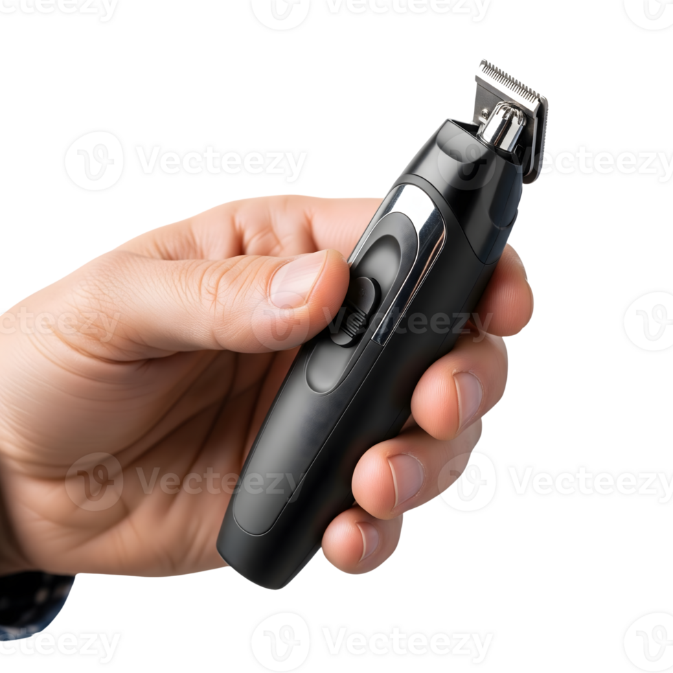 A mans hand holds a sleek black electric hair trimmer isolated on transparent background, showcasing its modern design and grooming functionality png