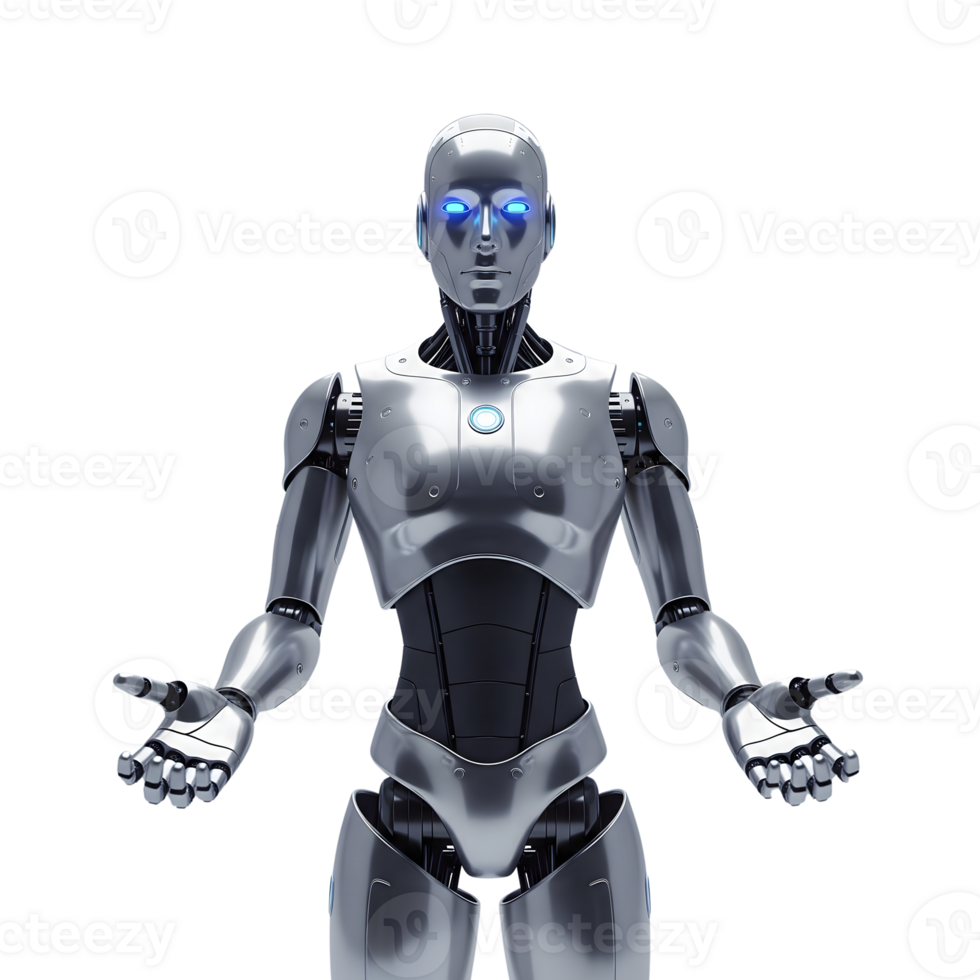 A metallic silver humanoid robot with glowing blue eyes is standing with open hands, isolated on transparent background png