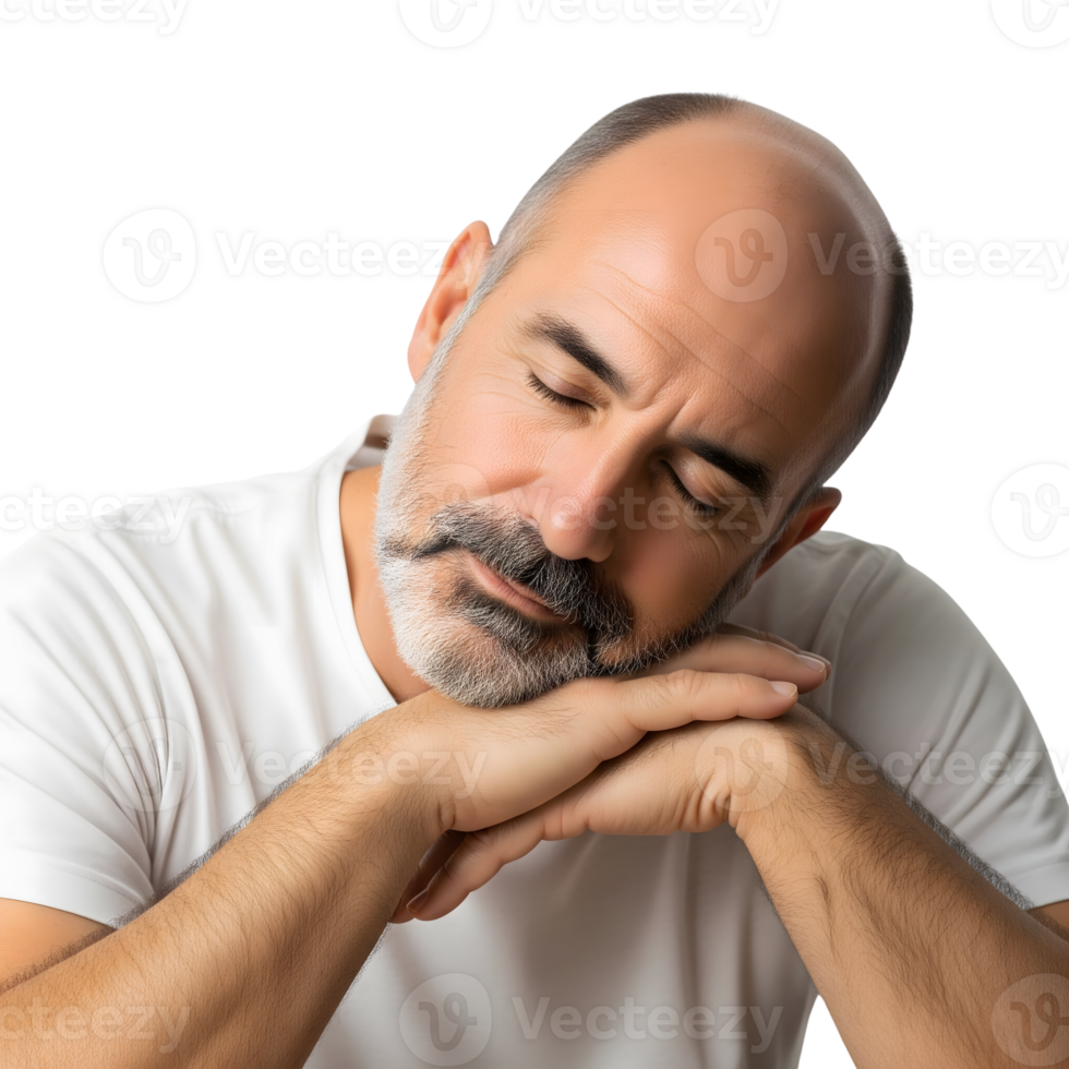 A middleaged man with closed eyes is sleeping peacefully, isolated on transparent background, resting his head on his hands png