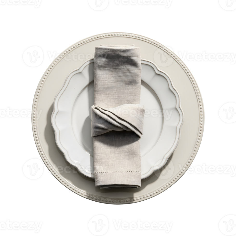 A neatly folded napkin rests on a decorative plate, isolated on transparent background, creating an elegant table setting png