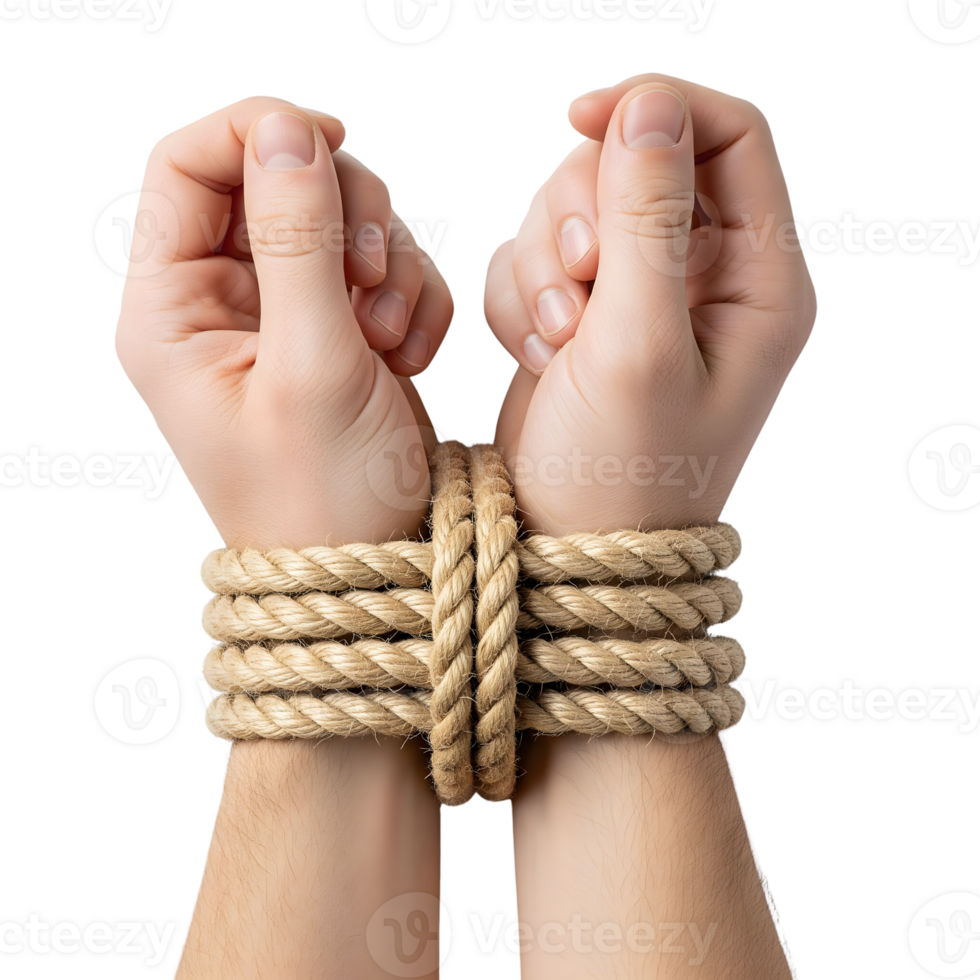 A pair of human hands are tied together with thick brown rope, isolated on transparent background png