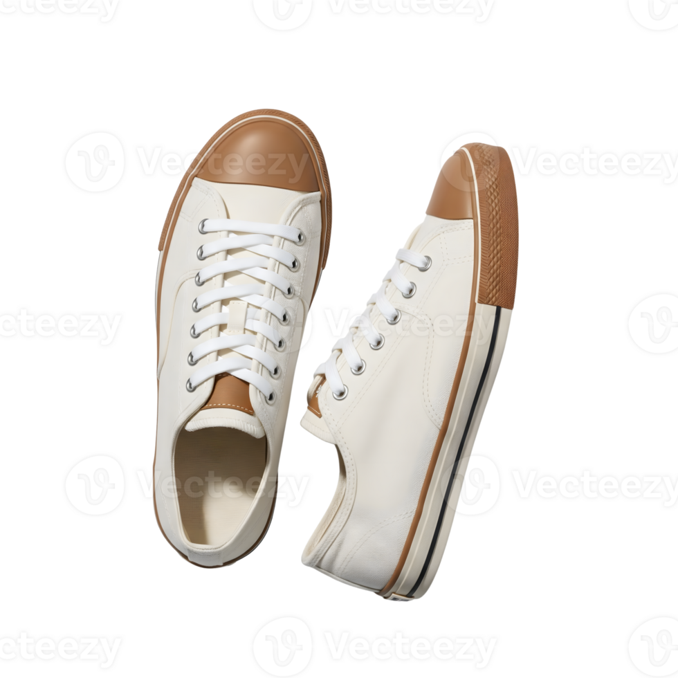 A pair of stylish white canvas sneakers with brown rubber toe caps and soles are isolated on transparent background png