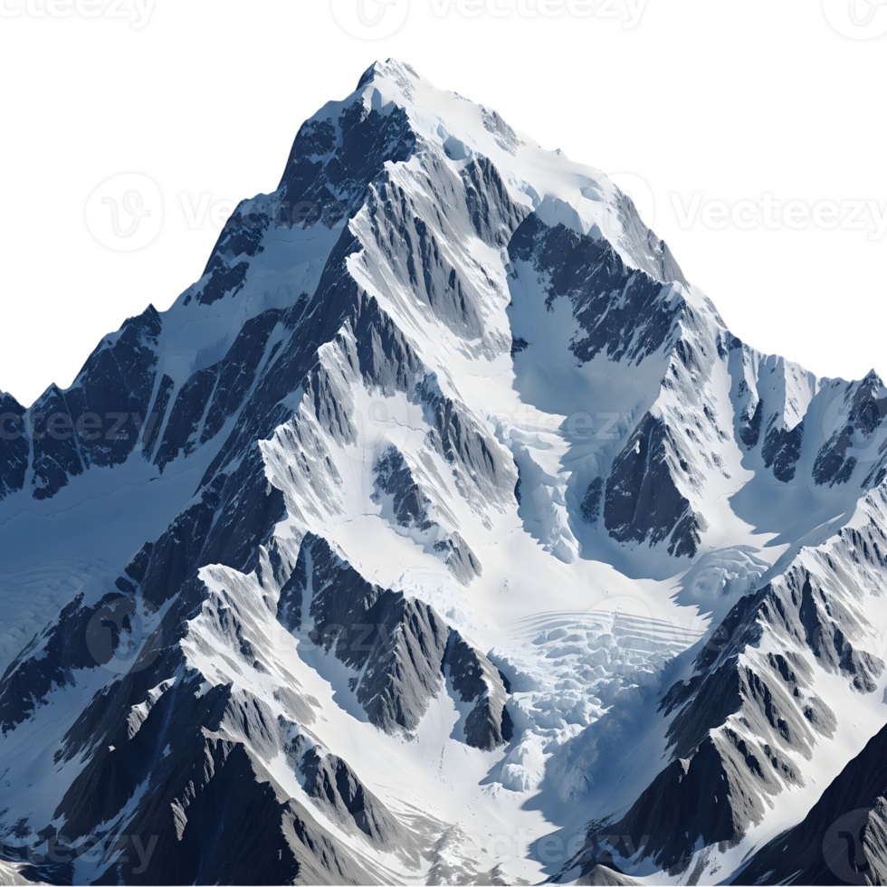 A majestic snowcovered mountain peak rises against a transparent background, showcasing its icy slopes and rocky terrain png