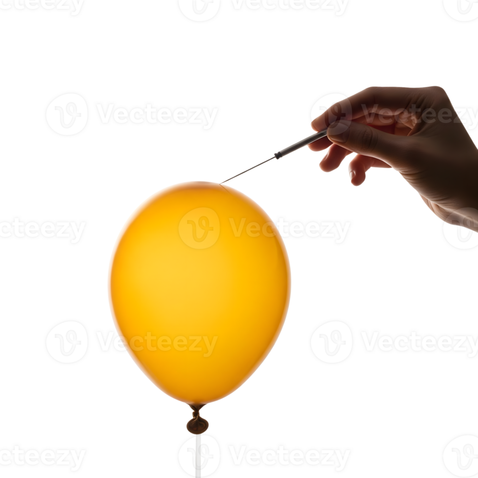 A poised needle about to pop a vibrant yellow balloon against a stark white backdrop, capturing a moment of impending burst isolated on transparent background png