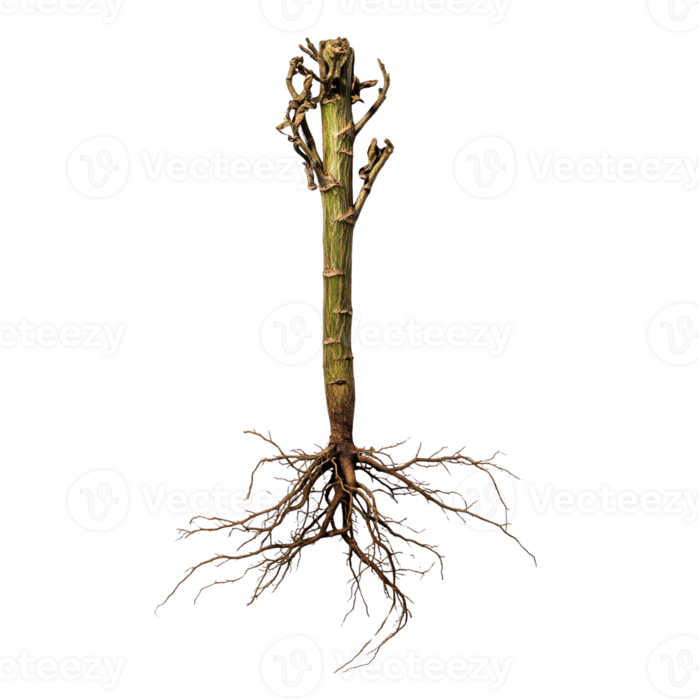 A plant with roots and a cut stem stands isolated against a transparent background, showcasing its structure png