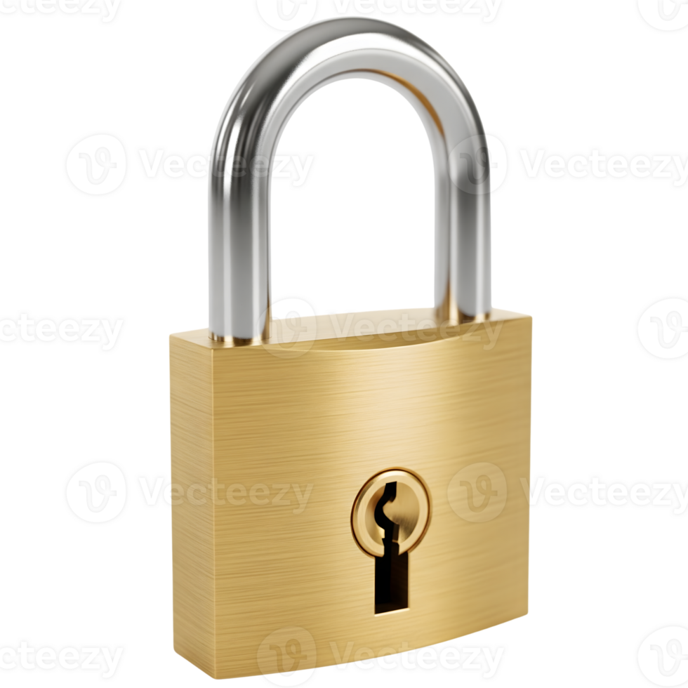 A shiny golden padlock with a silver shackle stands securely against a clean transparent background, symbolizing safety and protection png