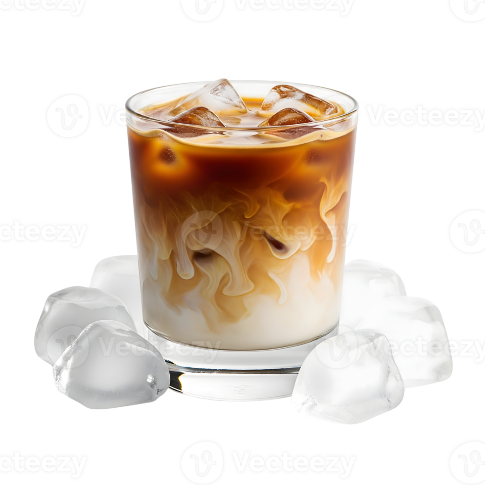 A refreshing glass of iced coffee with ice cubes and milk isolated on transparent background png