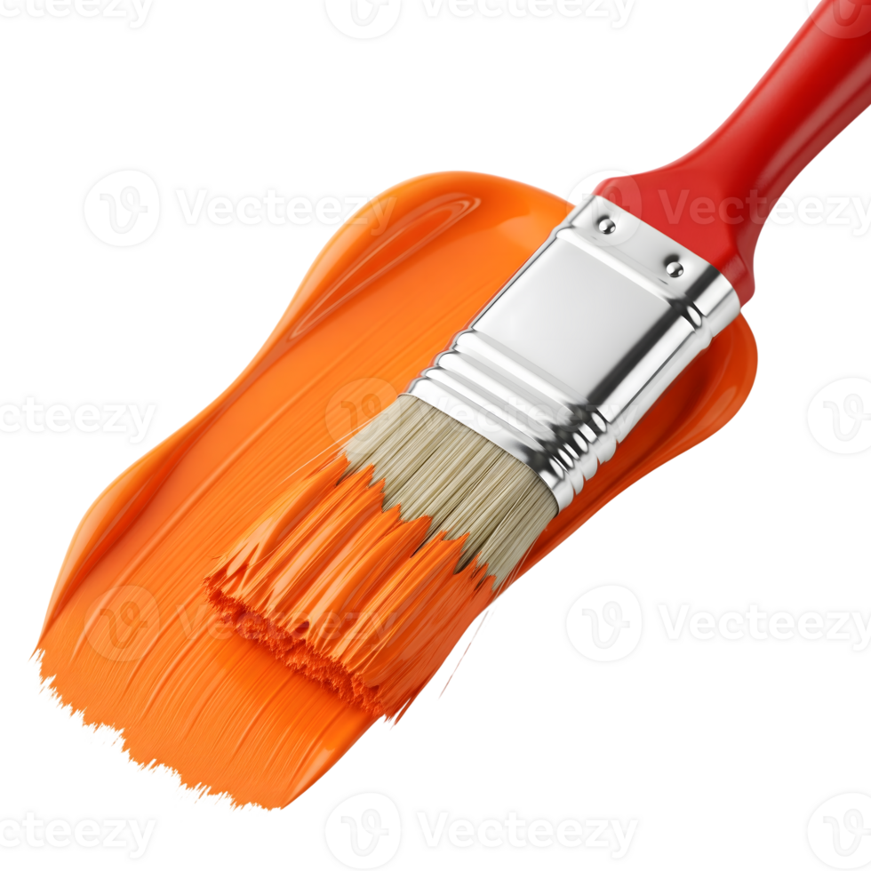 A red handled paintbrush applies a vibrant orange paint stroke, isolated on transparent background, creating a bold and artistic design element png
