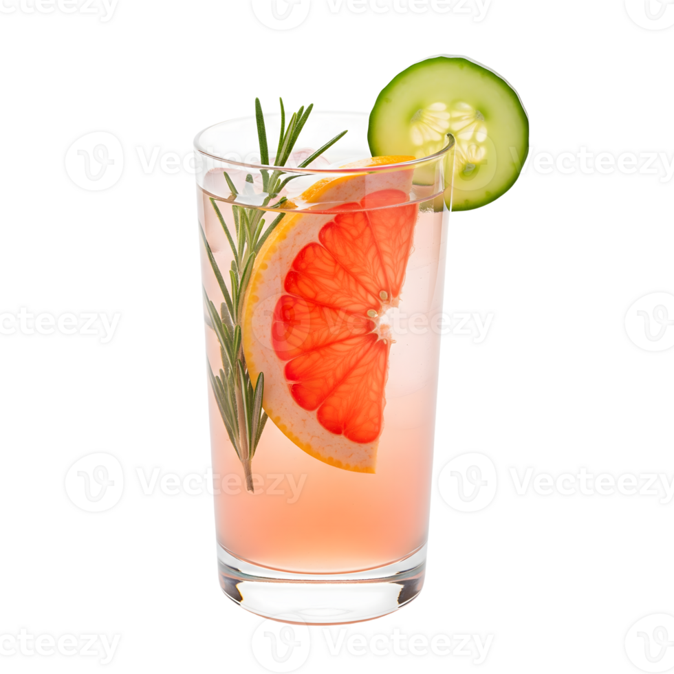 A refreshing grapefruit cocktail with cucumber and rosemary in a glass isolated on transparent background png