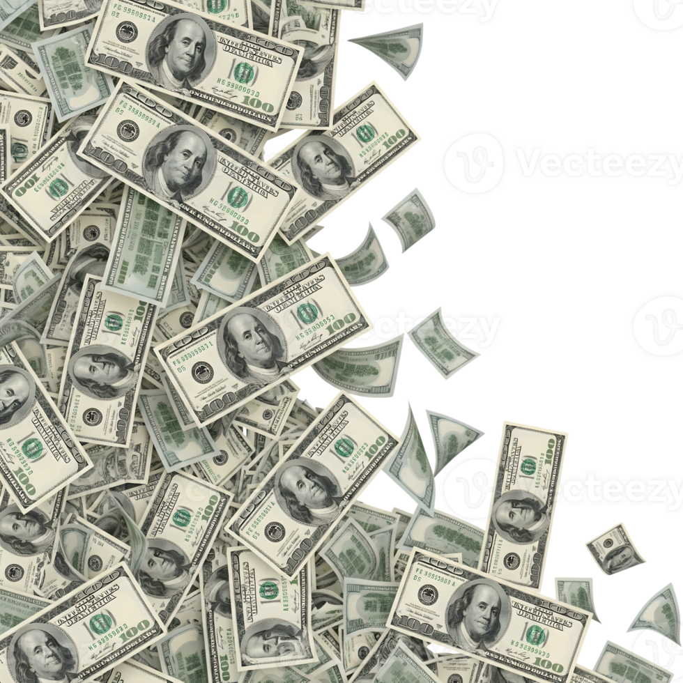 A pile of one hundred dollar bills falling and scattered isolated on transparent background png