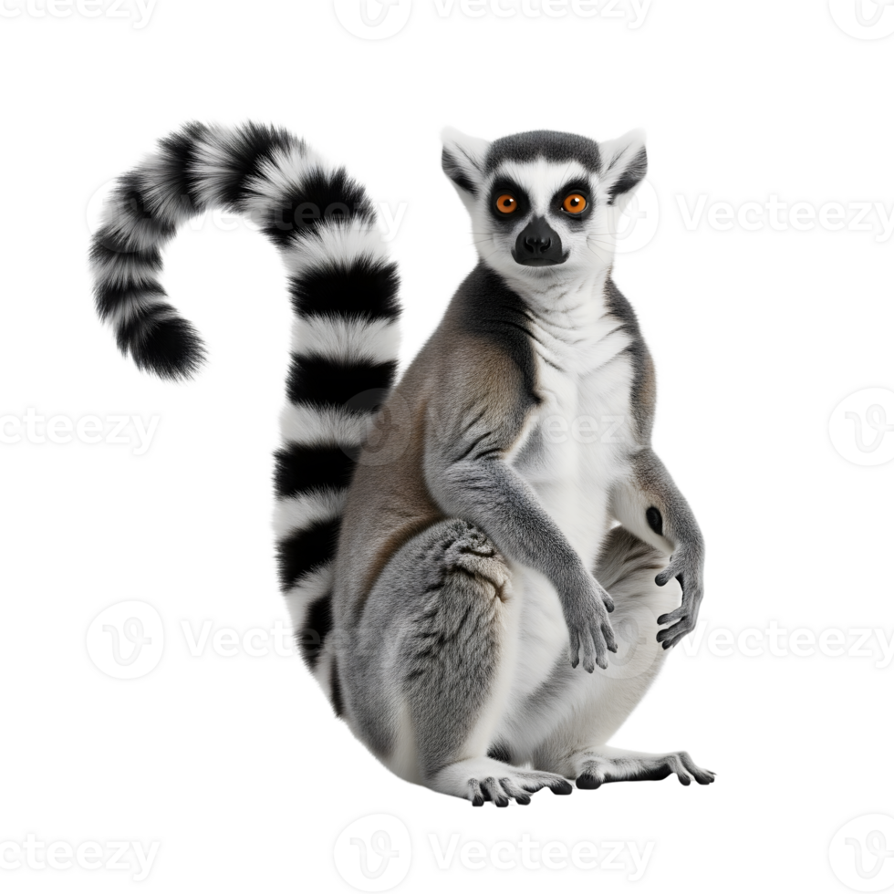 A ringtailed lemur with a striking black and white striped tail sits upright, its bright orange eyes gazing forward against a clean white backdrop isolated on transparent background png