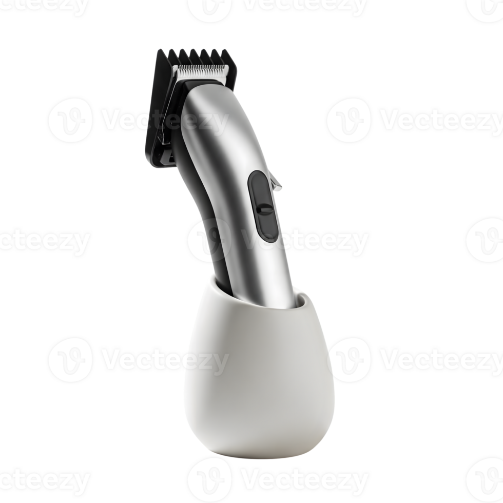 A silver and black electric hair trimmer isolated on transparent background png