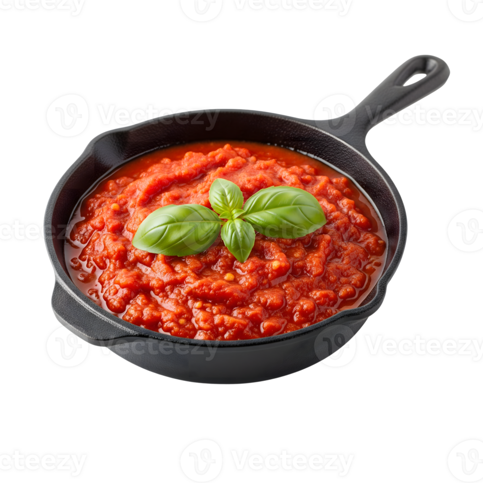 A skillet of homemade tomato sauce with fresh basil is isolated on a transparent background, showcasing a delicious and rustic italian dish png