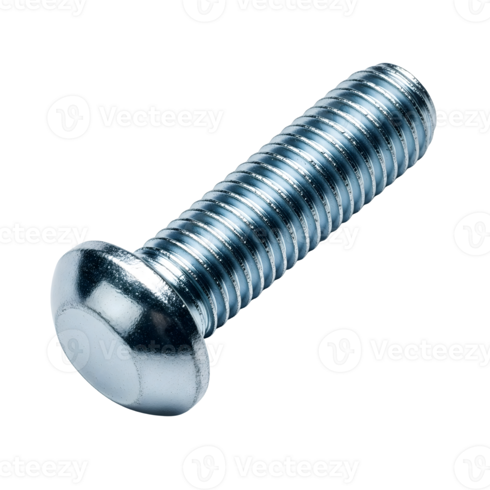 A shiny metal carriage bolt with a rounded head isolated on transparent background png