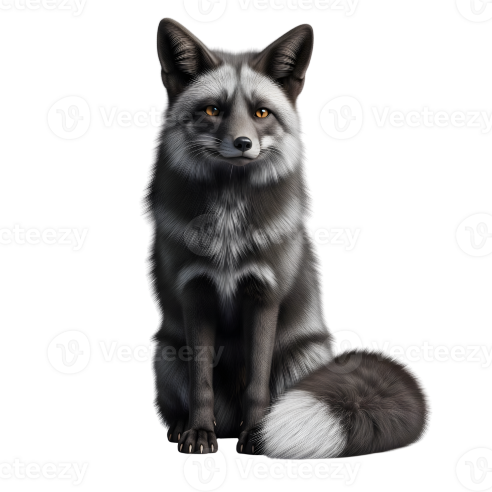 A silver fox is sitting and looking forward, isolated on transparent background png