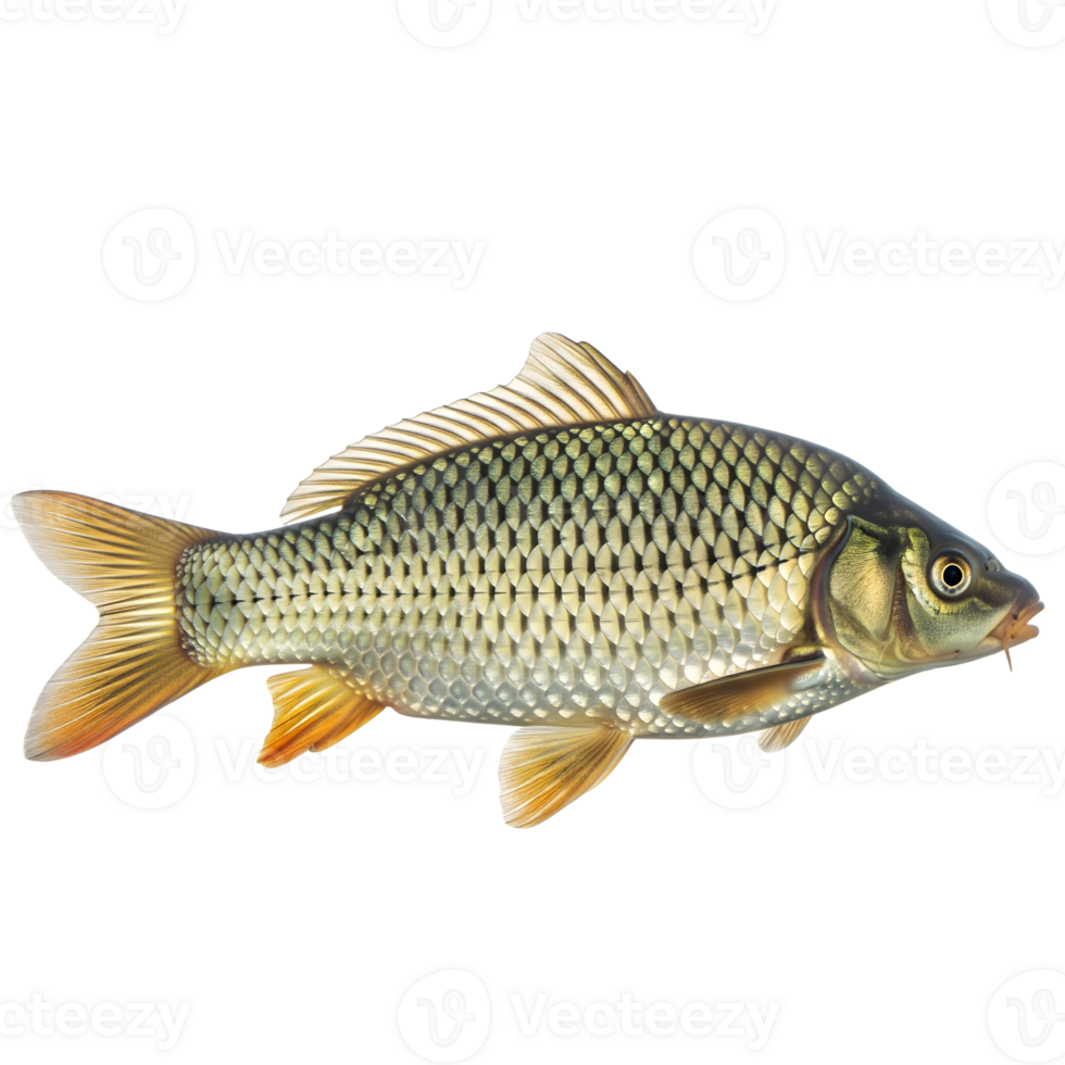 A single carp fish swims gracefully, isolated on transparent background png