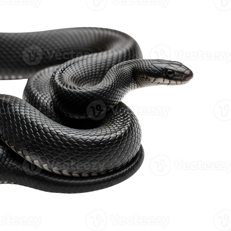 A sleek black snake coils gracefully against a pristine white backdrop, showcasing its smooth scales and captivating gaze isolated on transparent background png