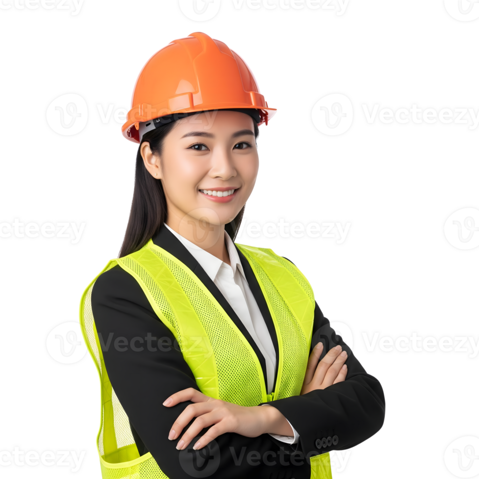 A smiling asian woman engineer in a hard hat and safety vest with arms crossed isolated on transparent background png
