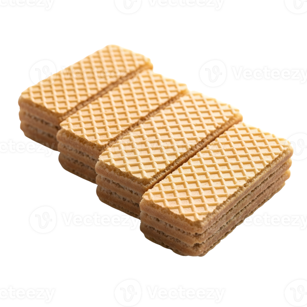 A stack of crispy vanilla cream wafer cookies with a textured pattern isolated on transparent background png