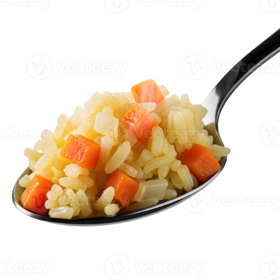 A spoonful of cooked rice with diced carrots, presented in a clean and simple studio shot isolated on transparent background png