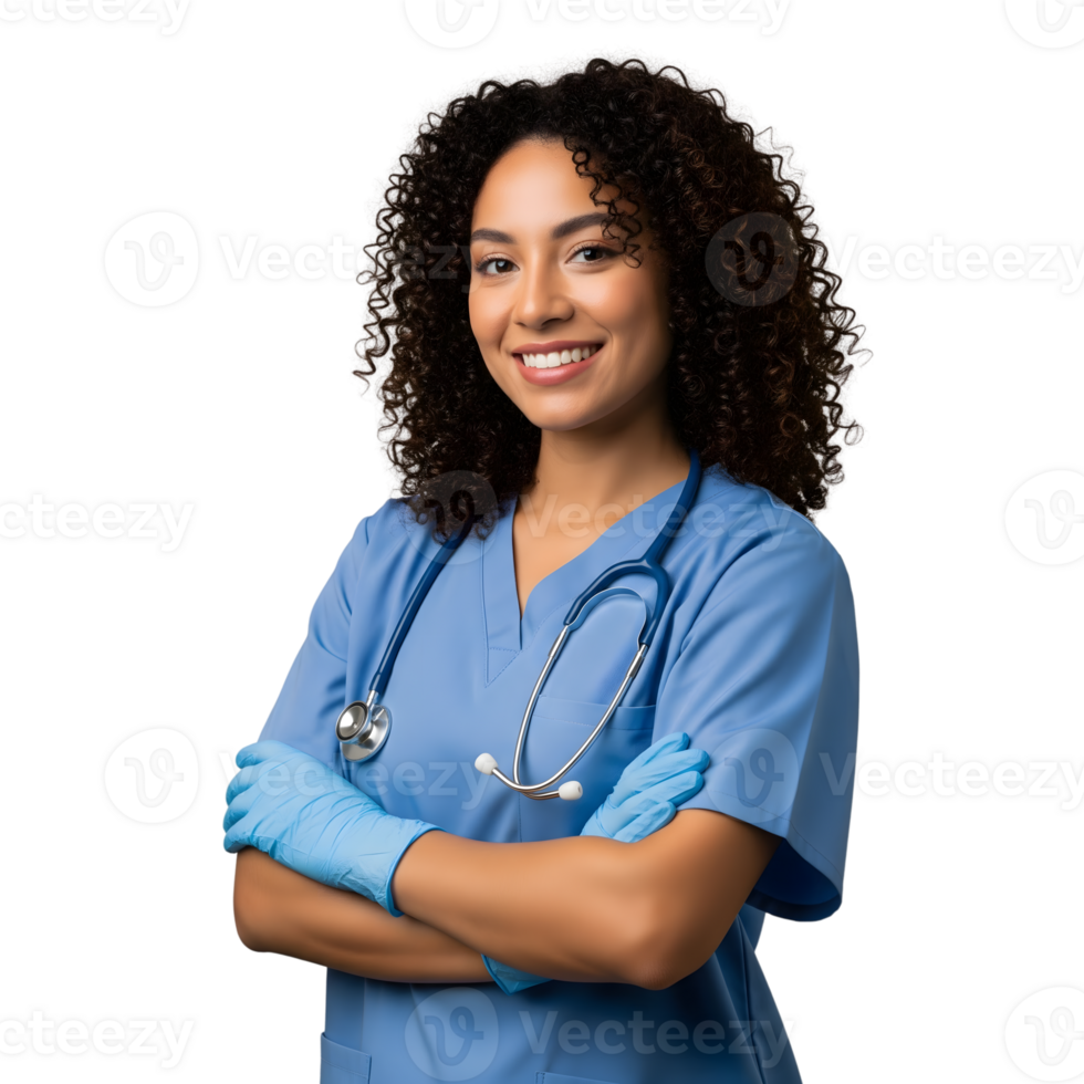 A smiling young nurse with curly hair in blue scrubs and gloves stands with arms crossed, isolated on transparent background png