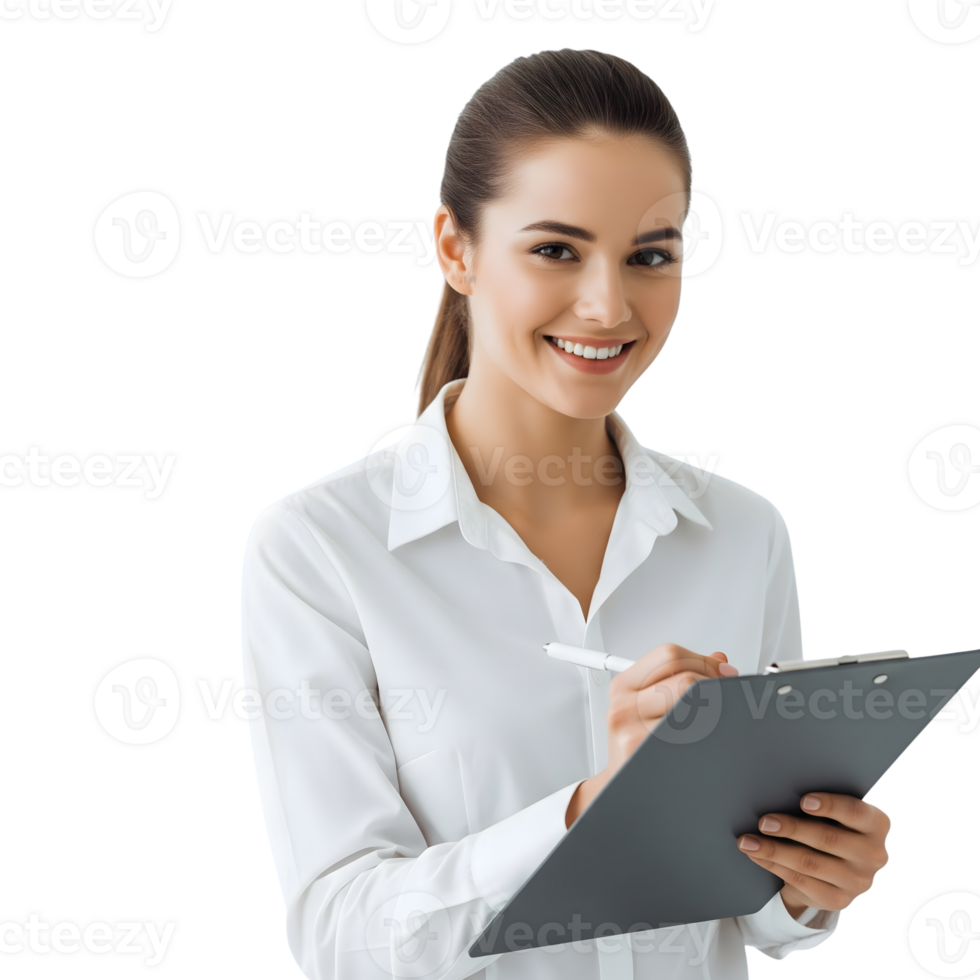 A smiling young businesswoman in a white shirt holds a clipboard and pen, isolated on transparent background png
