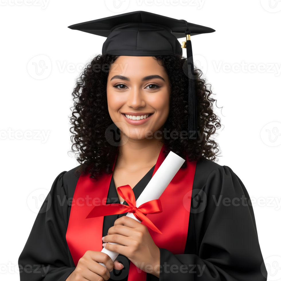 A smiling graduate in cap and gown holding a diploma, isolated on transparent background png