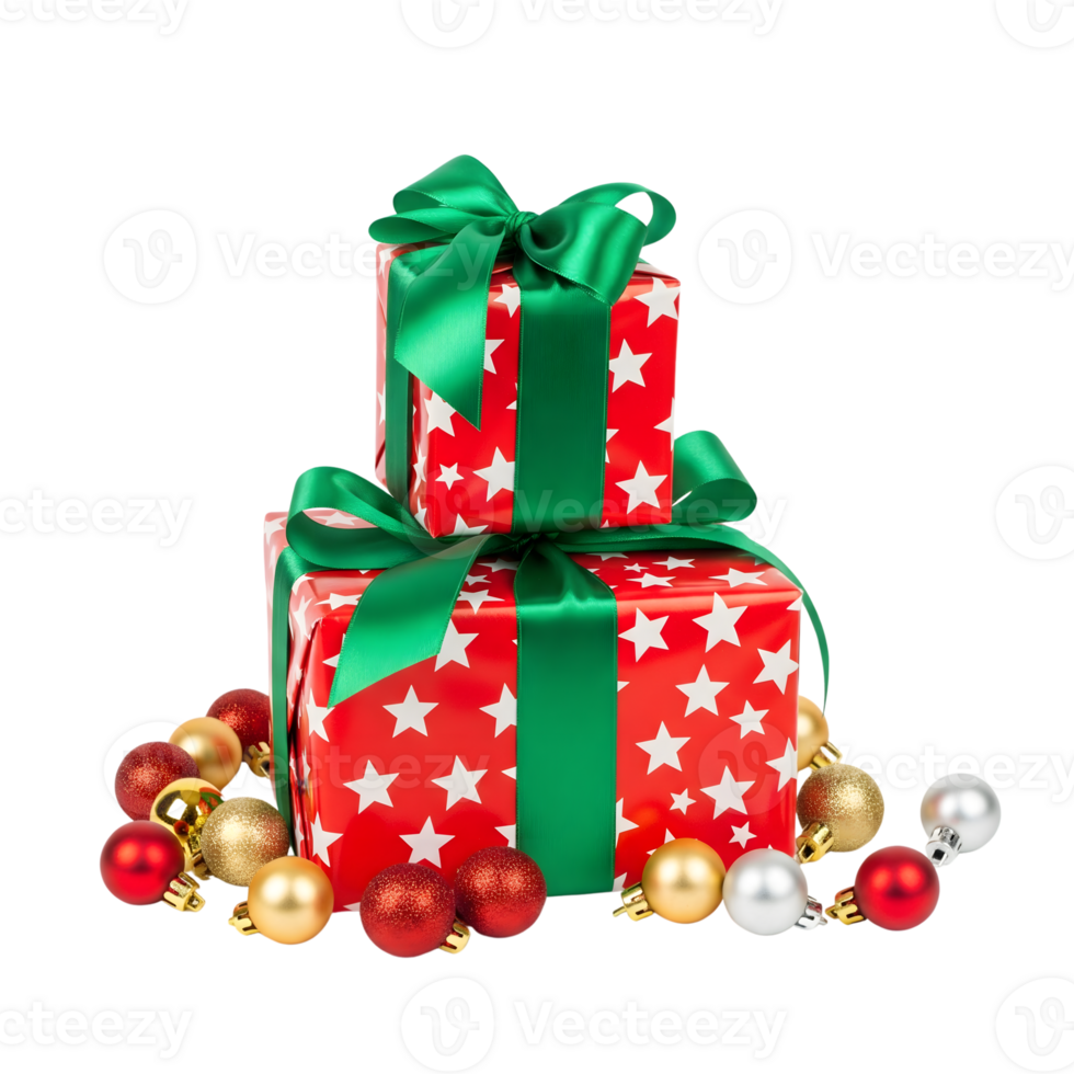 A stack of festive christmas gifts, wrapped in red paper with white stars and green ribbons, is surrounded by colorful ornaments isolated on transparent background png