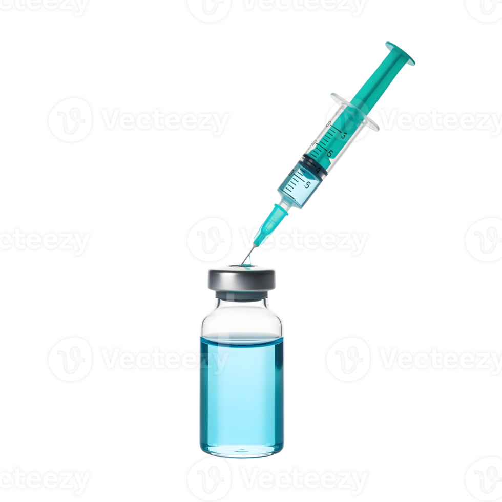 A syringe with a green plunger pierces the top of a vial filled with blue liquid, isolated on transparent background png