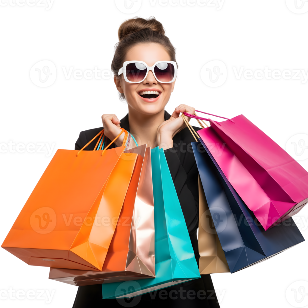 A stylish woman with sunglasses smiles while holding colorful shopping bags isolated on transparent background png