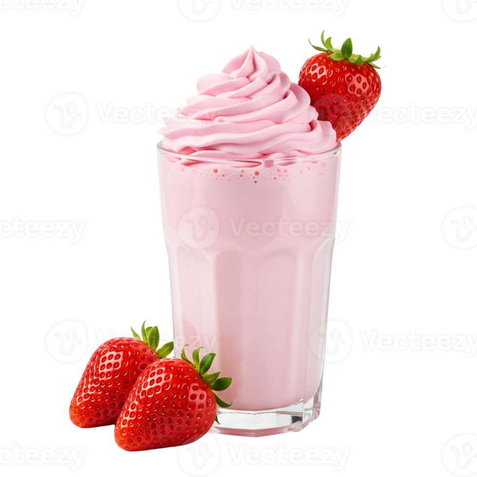 A strawberry milkshake with whipped cream and fresh strawberries is isolated on a transparent background png