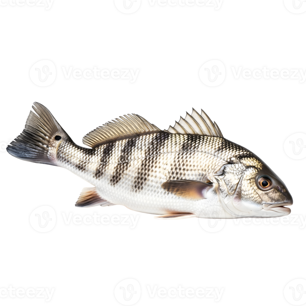 A striped fish swims gracefully against a stark white backdrop, showcasing its silver scales and intricate fin details isolated on transparent background png