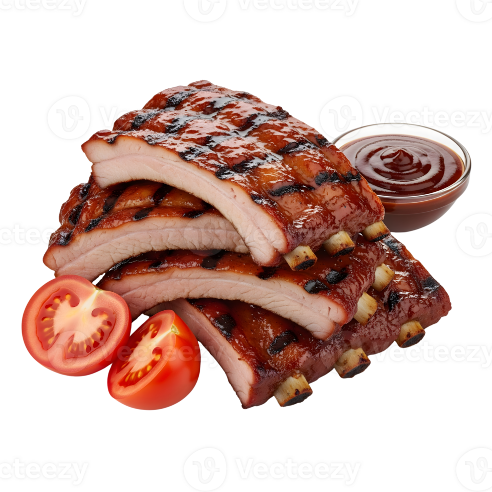 A stack of succulent barbecue pork ribs, glistening with sauce, is accompanied by fresh tomato slices and a bowl of dipping sauce isolated on transparent background png