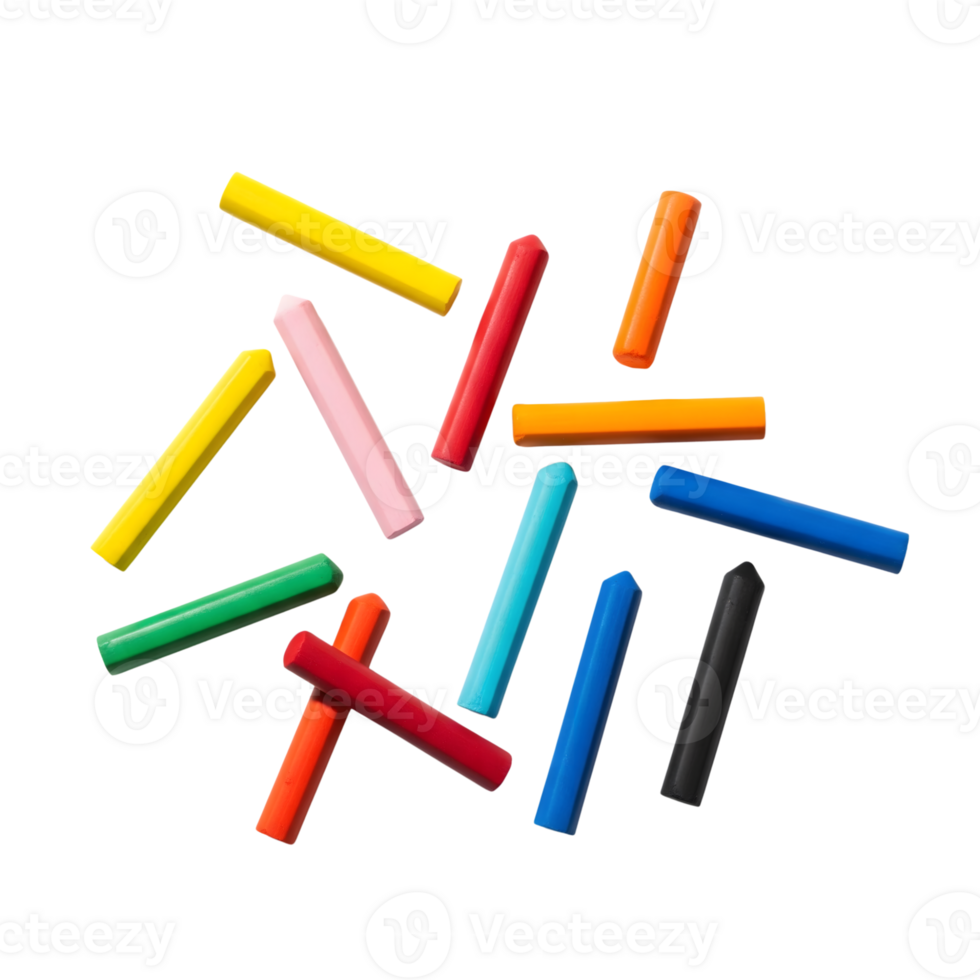 A vibrant assortment of colorful chalk sticks is isolated on transparent background, perfect for art and educational designs png