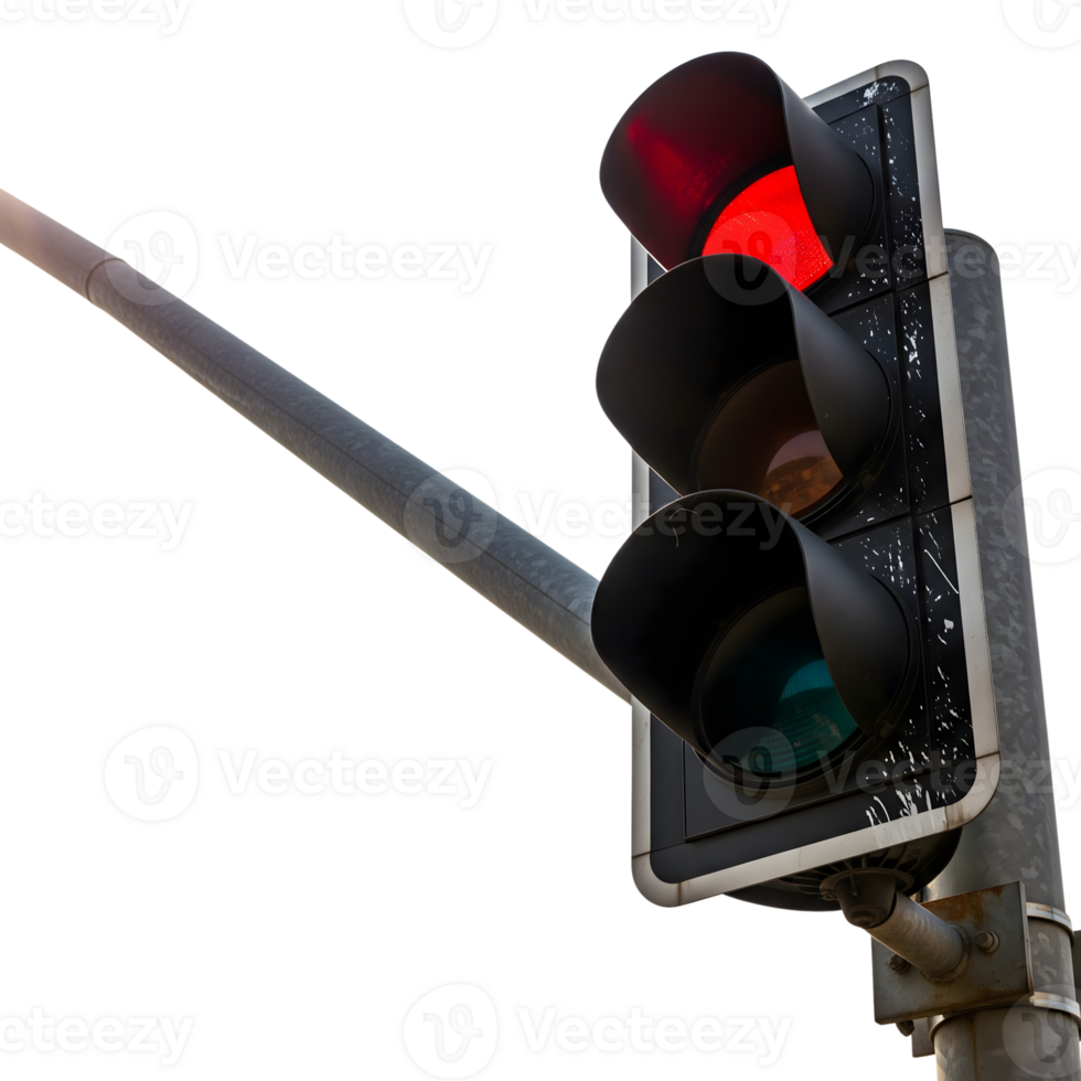 A traffic light with a bright red light illuminated is isolated on transparent background, indicating vehicles must stop png