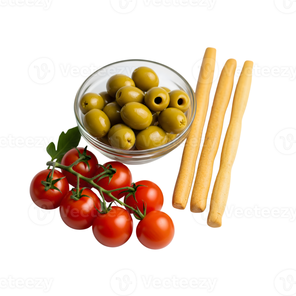 A vibrant arrangement of green olives, red tomatoes, and breadsticks against a transparent background, showcasing italian antipasto png