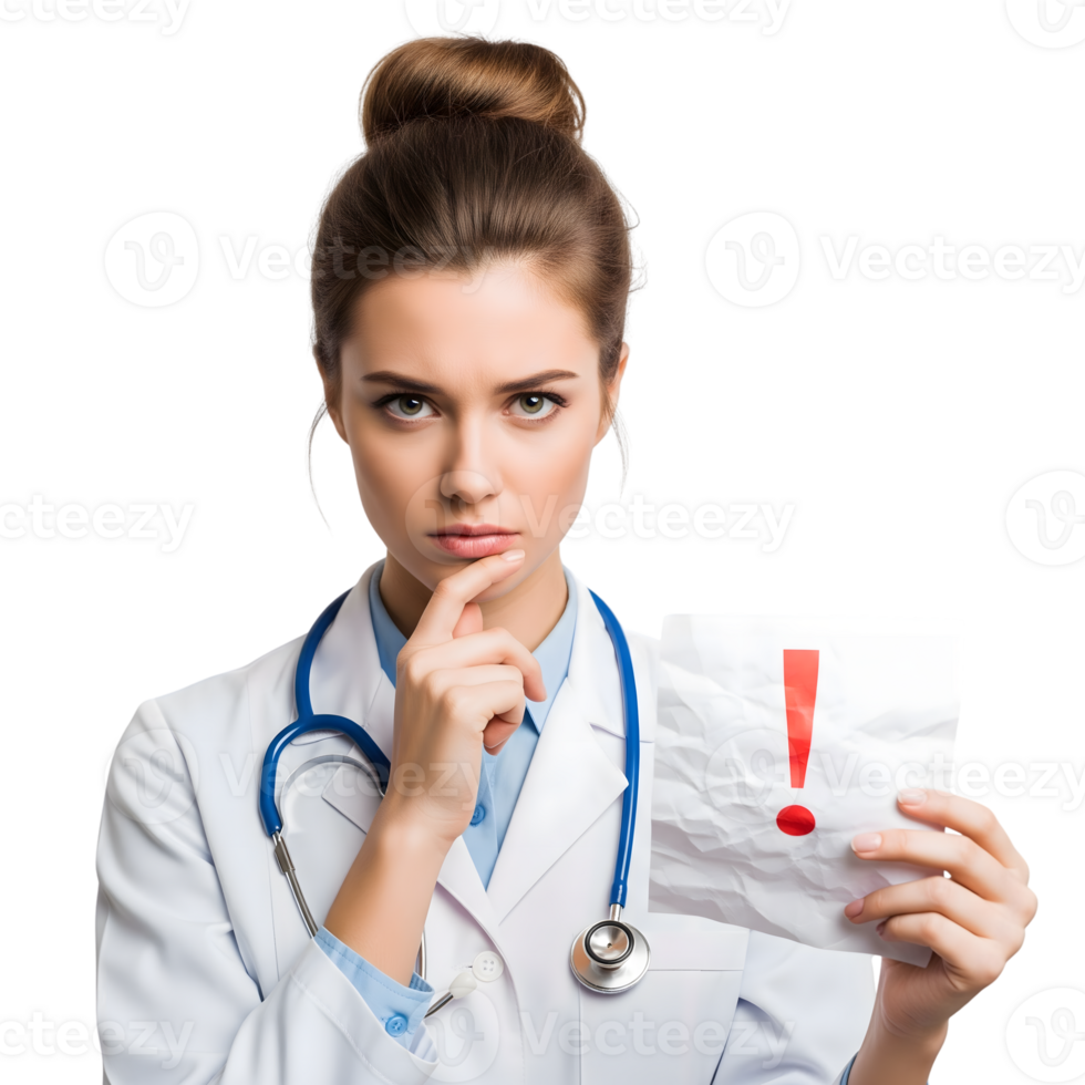 A thoughtful female doctor in a white coat contemplates a crumpled paper with a red exclamation mark, suggesting a critical medical issue isolated on transparent background png