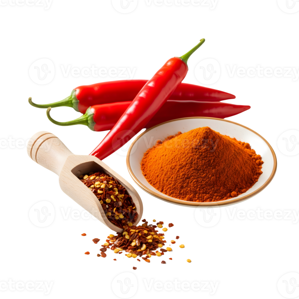 A vibrant display of red chili peppers, powder, and flakes offers a spicy culinary experience, isolated on a transparent background png