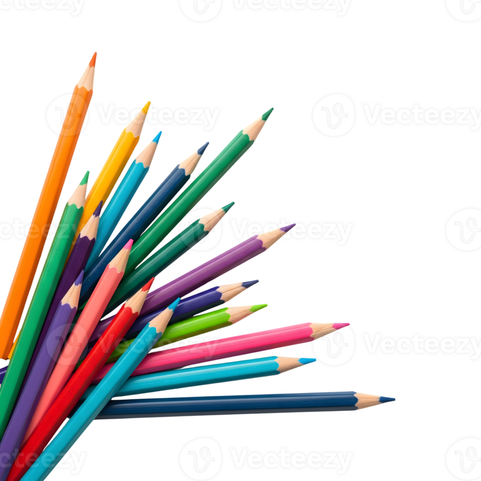 A vibrant collection of colored pencils are arranged together isolated on transparent background png