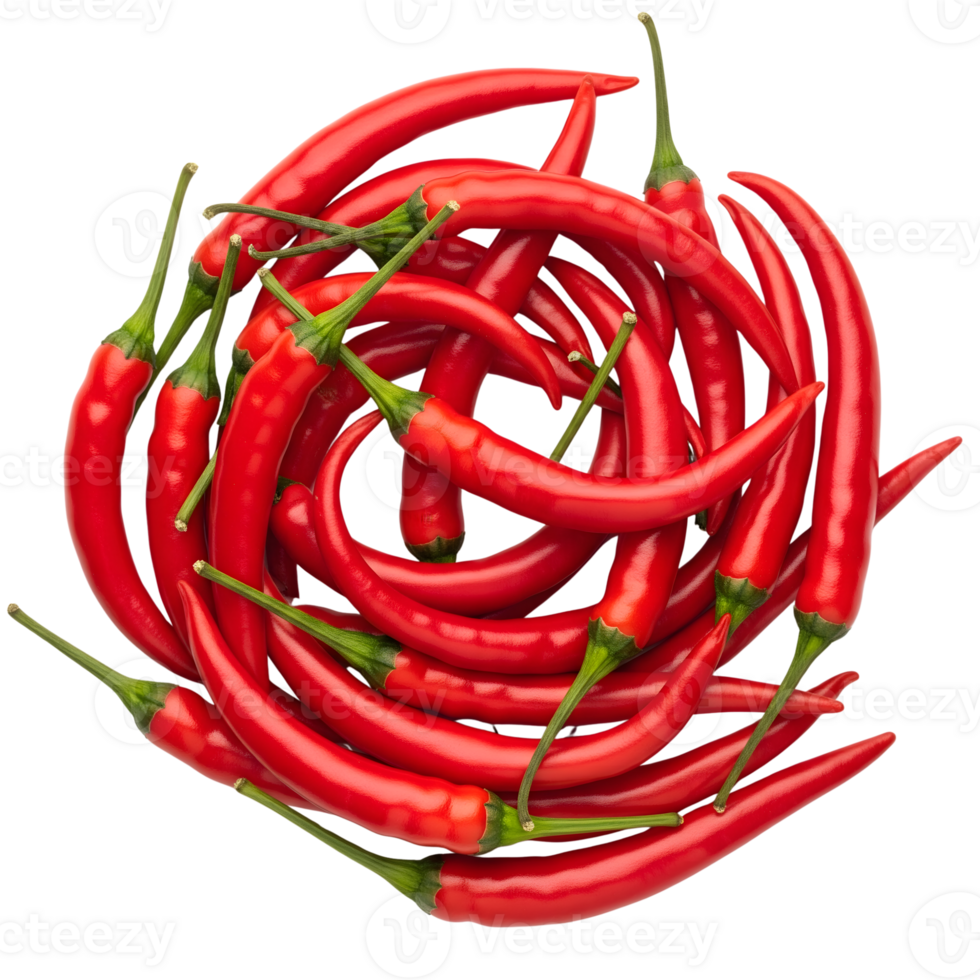 A vibrant pile of fresh red chili peppers with green stems is isolated on transparent background png