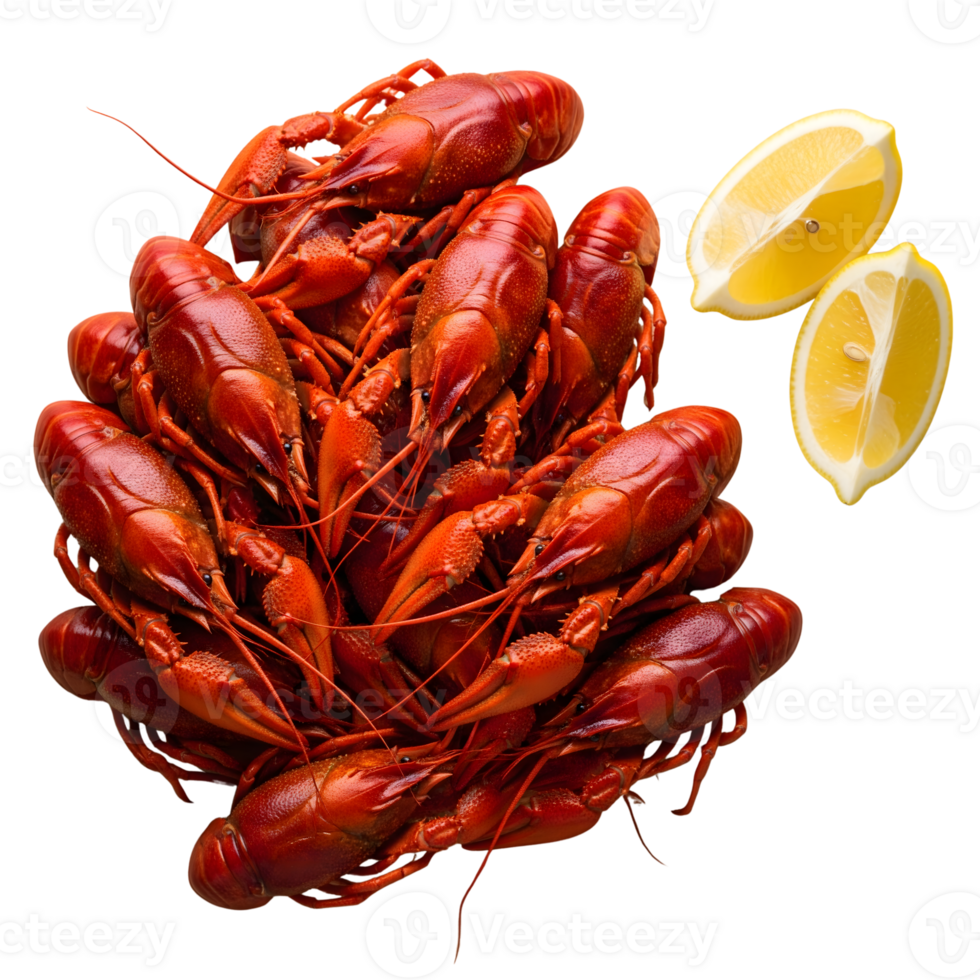 A vibrant pile of cooked crawfish with bright red shells alongside two lemon halves isolated on transparent background png