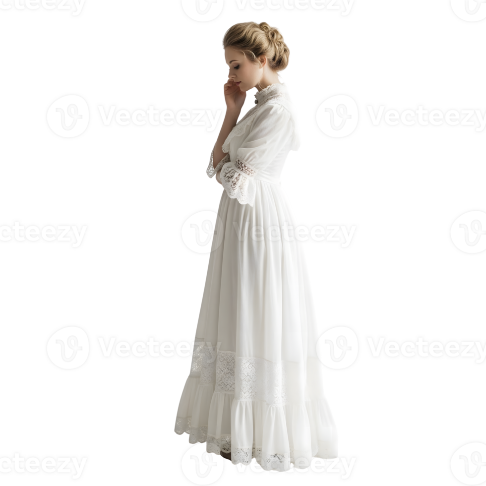 A woman in a long white dress with lace details stands isolated on transparent background png