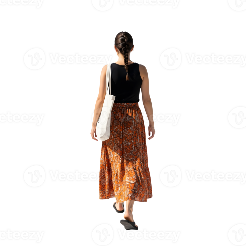 A woman in a patterned skirt walks away, her braid swaying gently as she carries a tote bag on a sunny day isolated on transparent background png