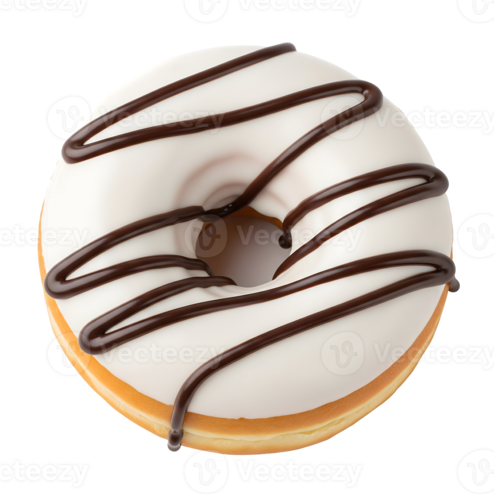 A white frosted donut with chocolate drizzle, isolated on transparent background png