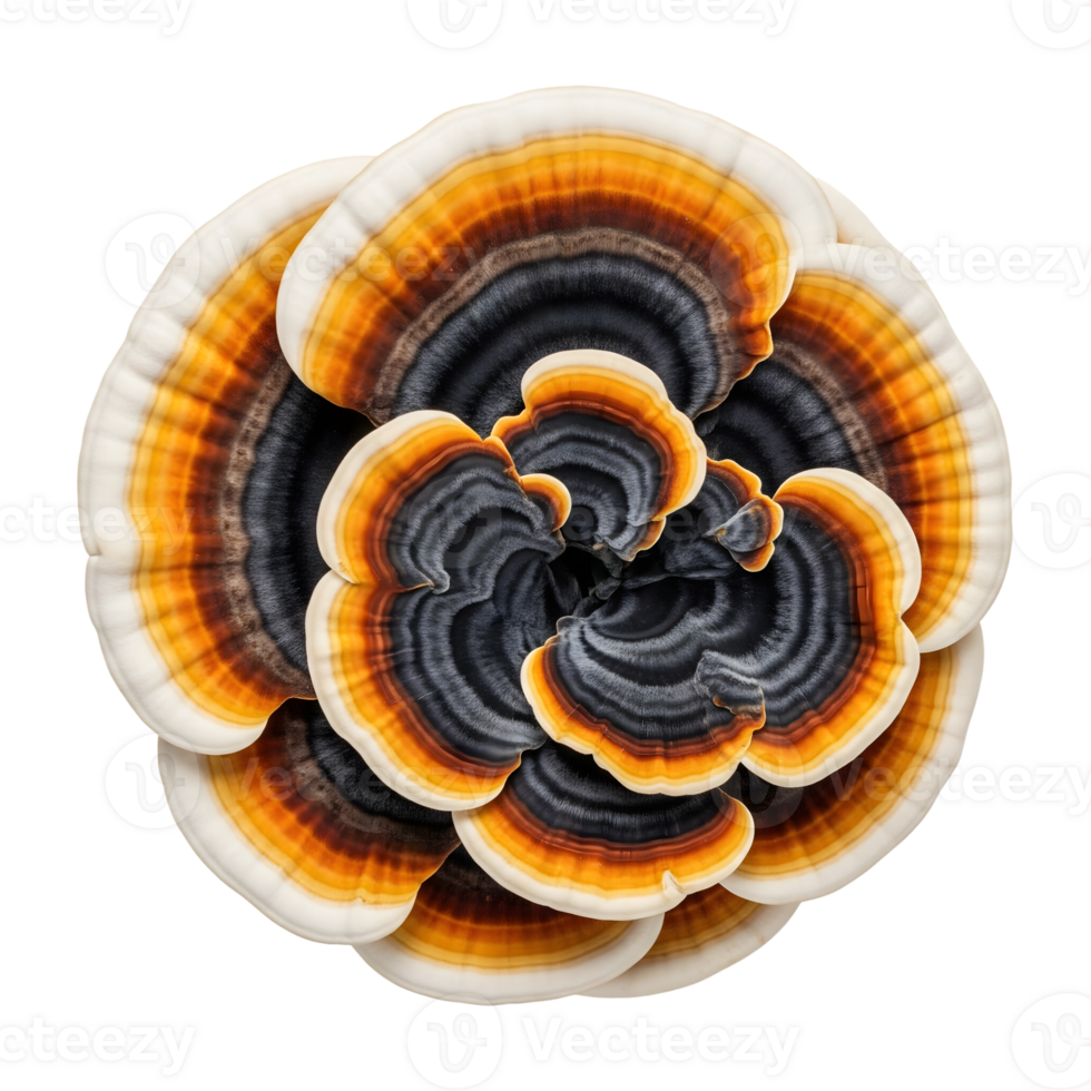 A vibrant turkey tail mushroom with concentric bands of white, orange, brown, and black, isolated on transparent background png